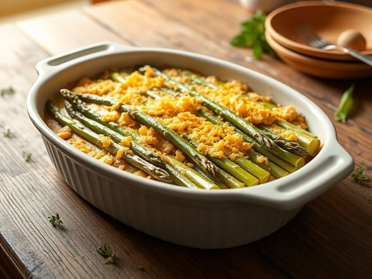 Baked spring asparagus with golden cheese topping in ceramic dish