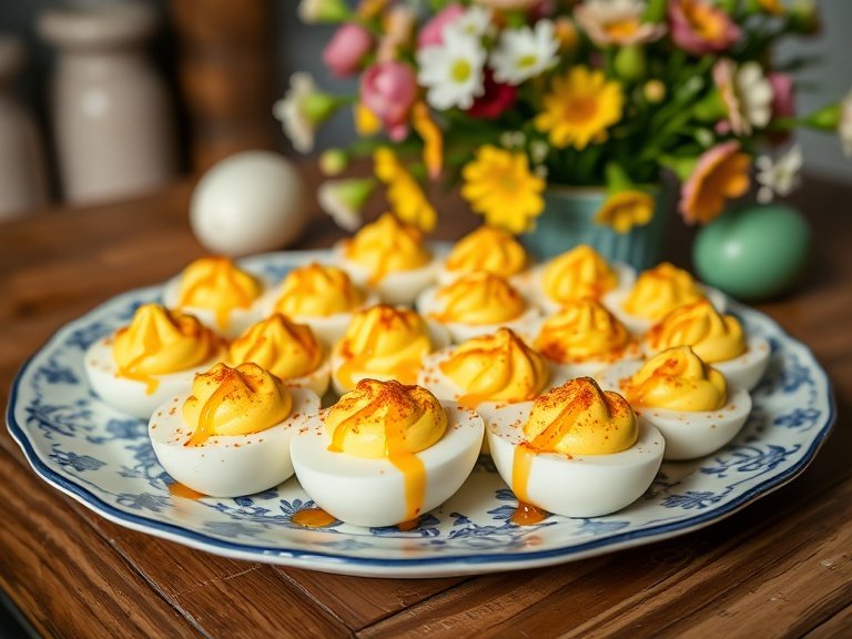 Hot honey deviled eggs with paprika on decorative ceramic plate