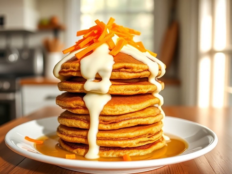 Stack of carrot cake pancakes with cream cheese frosting
