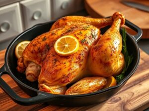 Golden roasted lemon herb chicken in cast iron skillet