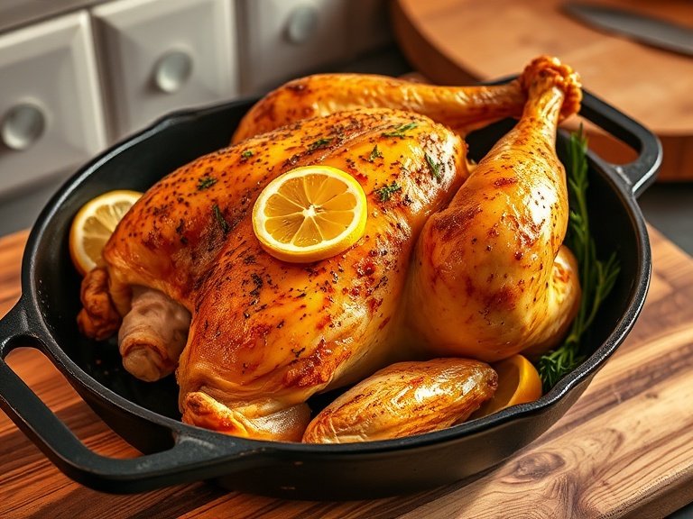 Golden roasted lemon herb chicken in cast iron skillet