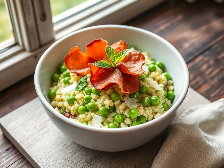 Spring green pea risotto with crispy prosciutto garnish