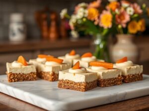 Sliced carrot cake cheesecake bars with cream cheese swirl
