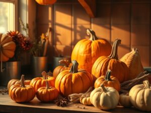 Autumn harvest kitchen with pumpkins and warm golden lighting