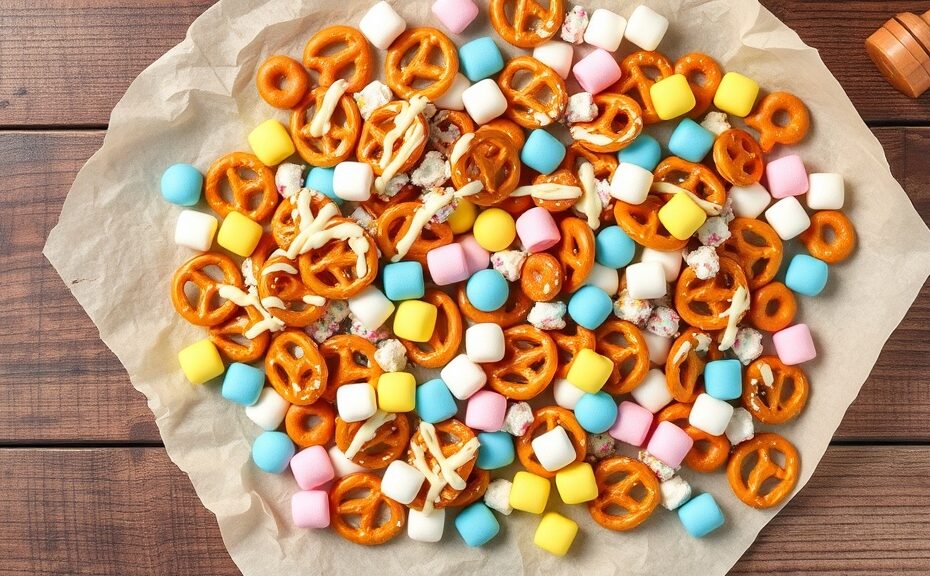 Colorful bunny bait snack mix with pretzels, pastel candy, and marshmallows