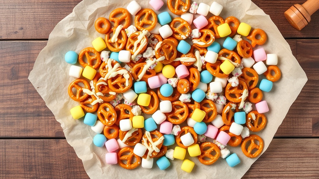 Colorful bunny bait snack mix with pretzels, pastel candy, and marshmallows