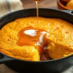Golden cornbread in a cast iron skillet drizzled with hot honey and red pepper flakes on a farmhouse table