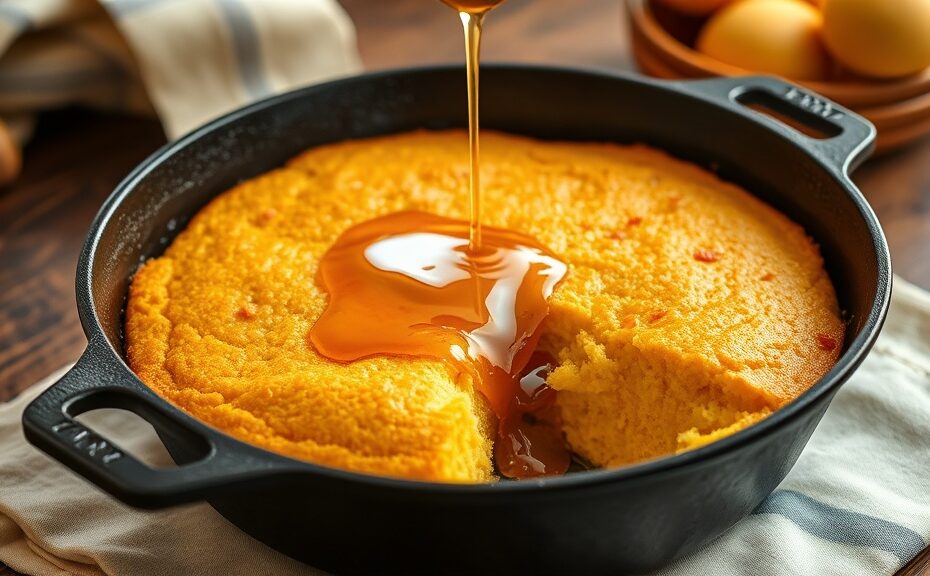 Golden cornbread in a cast iron skillet drizzled with hot honey and red pepper flakes on a farmhouse table