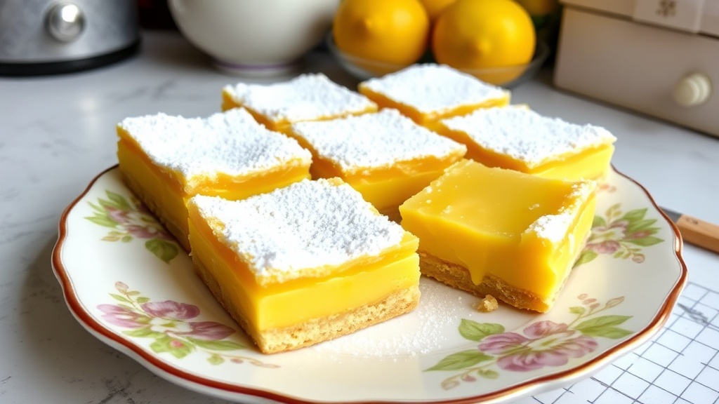 Old-fashioned lemon bars dusted with powdered sugar