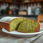 A sliced matcha green tea pound cake on a rustic white ceramic plate, dusted with powdered sugar, on a farmhouse table