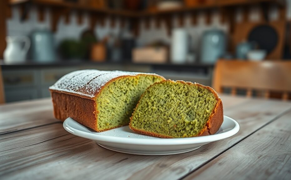 A sliced matcha green tea pound cake on a rustic white ceramic plate, dusted with powdered sugar, on a farmhouse table