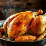 A whole golden roasted yogurt-marinated chicken with herbs and lemon in a roasting pan with vegetables