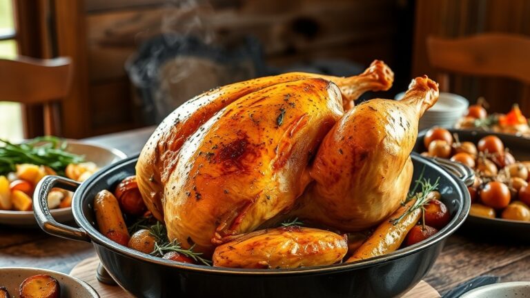 A whole golden roasted yogurt-marinated chicken with herbs and lemon in a roasting pan with vegetables