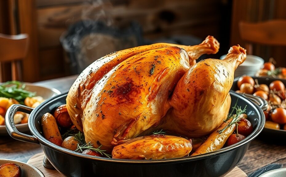 A whole golden roasted yogurt-marinated chicken with herbs and lemon in a roasting pan with vegetables