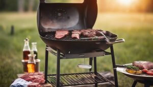 Outdoor grilling scene with charcoal grill and steaks at golden hour