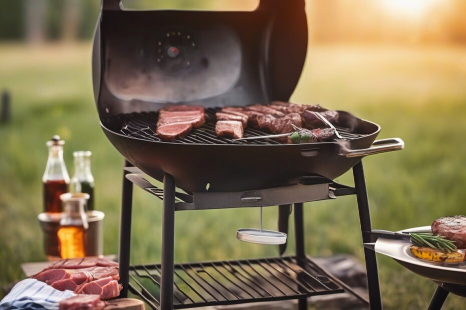 Outdoor grilling scene with charcoal grill and steaks at golden hour