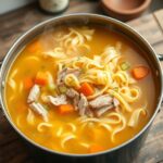 Bowl of homemade chicken noodle soup with fresh herbs