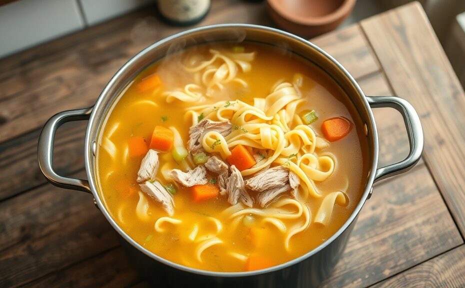 Bowl of homemade chicken noodle soup with fresh herbs