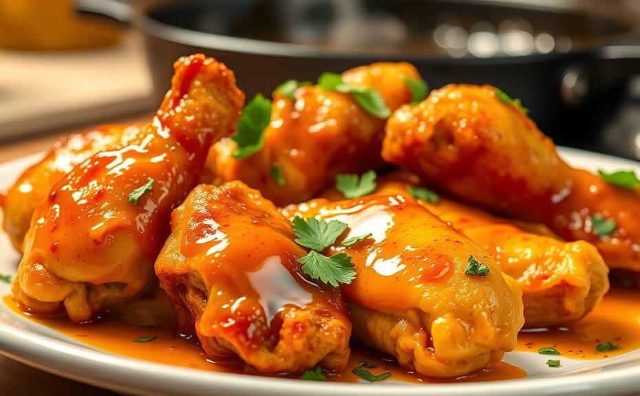 Sweet and spicy honey butter chicken with crispy golden glaze