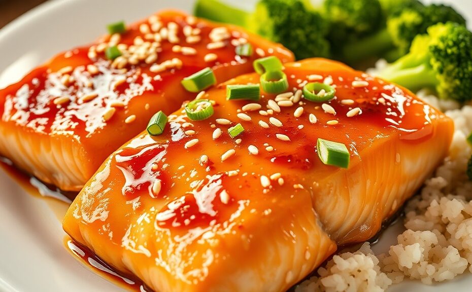 Honey garlic glazed salmon fillets with sesame seeds and green onions on a white plate