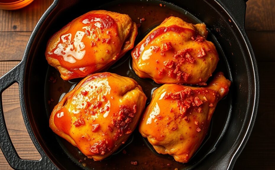 Crispy golden chicken thighs in a cast iron skillet drizzled with hot honey glaze