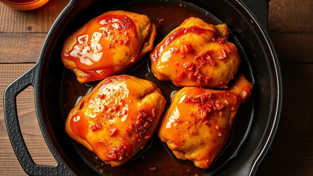 Crispy golden chicken thighs in a cast iron skillet drizzled with hot honey glaze