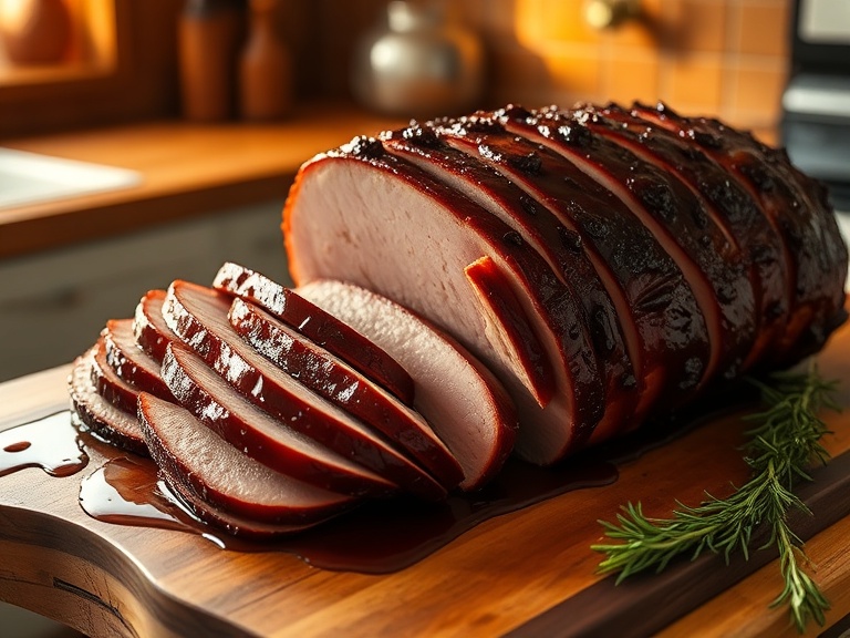 Glazed Easter ham with bourbon maple glaze, sliced and ready to serve