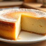 A fluffy golden Japanese cheesecake dusted with powdered sugar on a white plate with a slice cut to show the airy interior