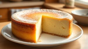 A fluffy golden Japanese cheesecake dusted with powdered sugar on a white plate with a slice cut to show the airy interior