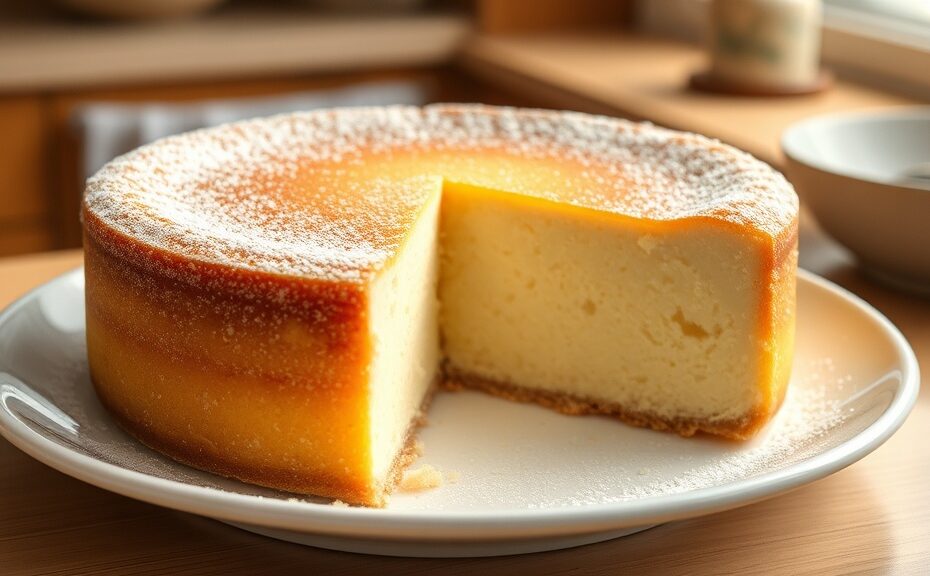 A fluffy golden Japanese cheesecake dusted with powdered sugar on a white plate with a slice cut to show the airy interior