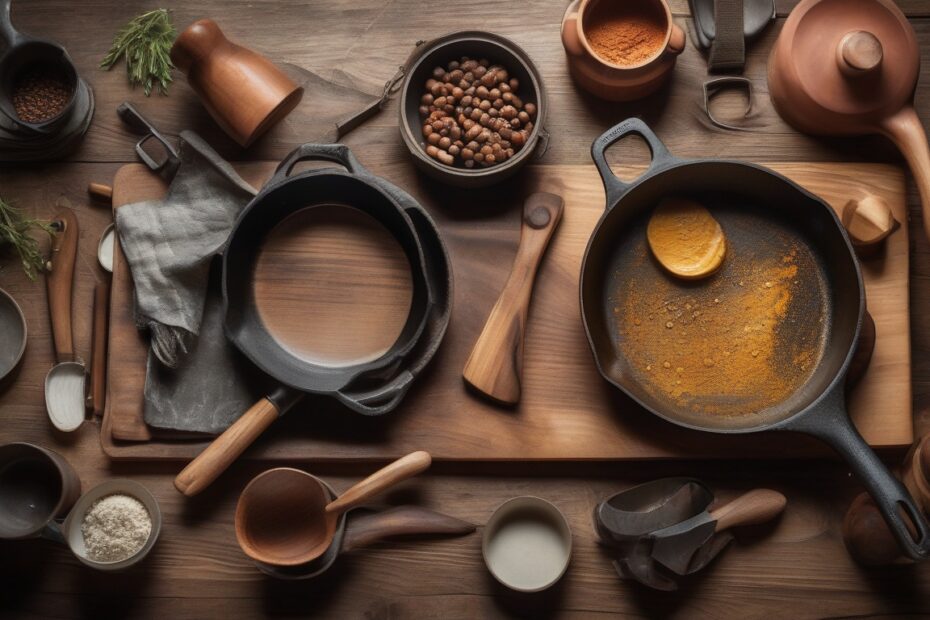Warm kitchen countertop with cast iron skillets, wooden cutting boards, and cooking utensils