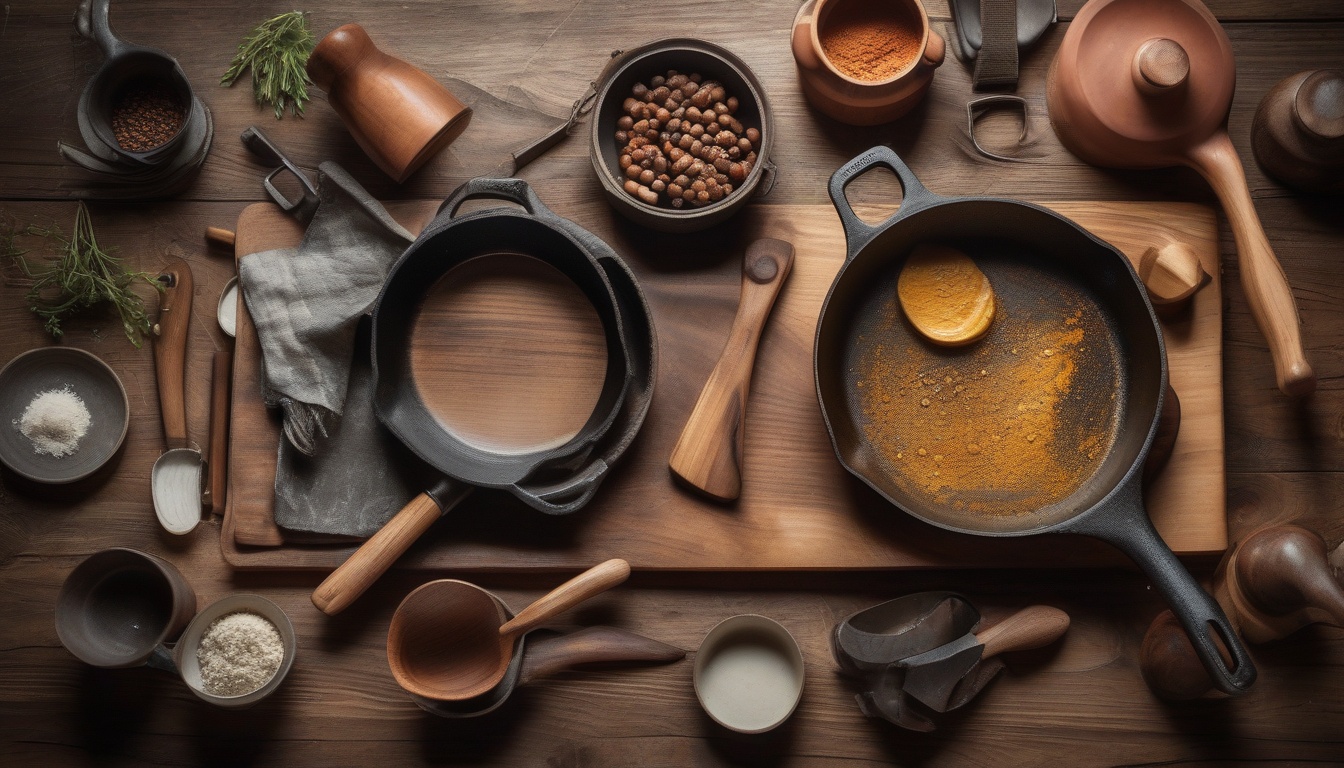 Warm kitchen countertop with cast iron skillets, wooden cutting boards, and cooking utensils