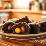 Fudgy chocolate brownies decorated as Easter eggs with colorful icing