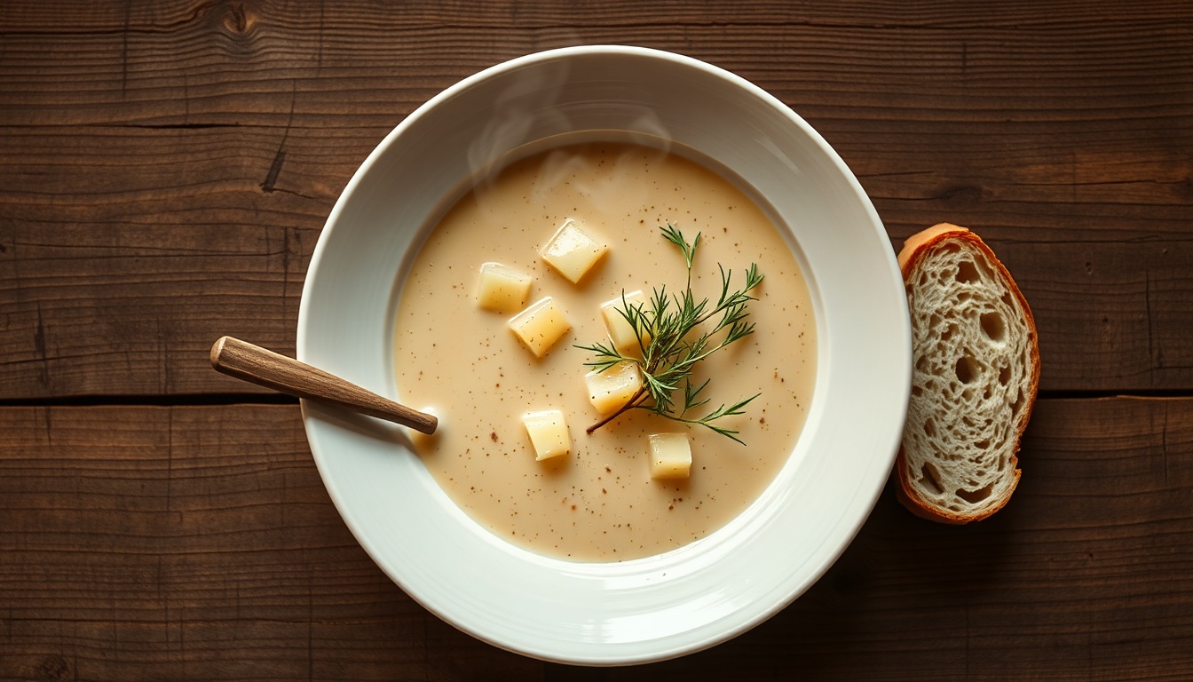 Creamy potato leek soup in a bowl