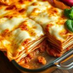 Maggie's Wonton Lasagna with golden crispy edges and bubbling mozzarella in a farmhouse kitchen