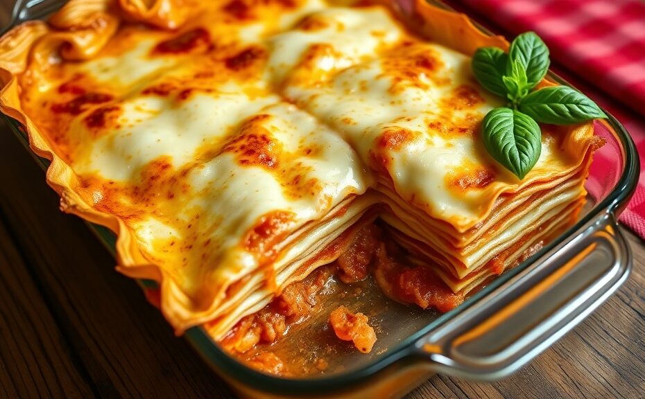 Maggie's Wonton Lasagna with golden crispy edges and bubbling mozzarella in a farmhouse kitchen