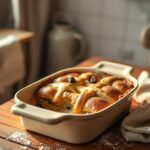Hot cross bun bread pudding with golden top and dried fruit, a classic Easter dessert