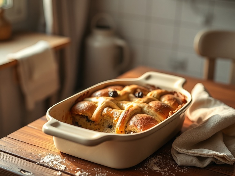 Hot cross bun bread pudding with golden top and dried fruit, a classic Easter dessert