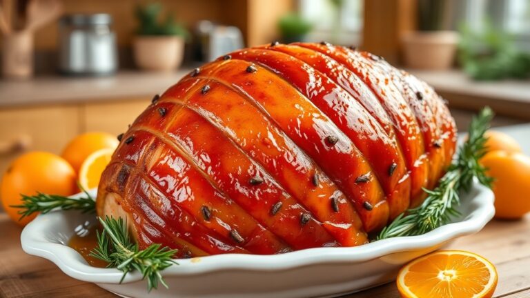 Nana Ruth’s Brown Sugar Glazed Ham on a rustic platter with rosemary and orange slices