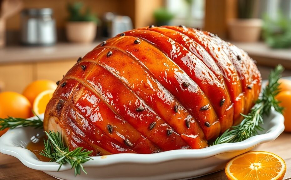 Nana Ruth's Brown Sugar Glazed Ham on a rustic platter with rosemary and orange slices