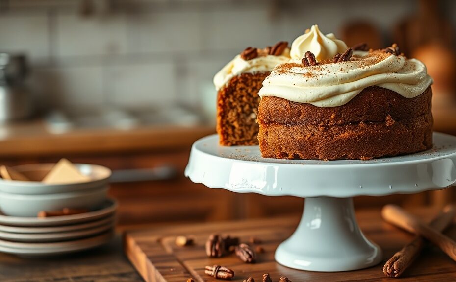 Nana Ruth's carrot cake with cream cheese frosting on a white cake stand in a farmhouse kitchen