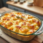 Golden bubbling scalloped potatoes in a casserole dish on a farmhouse table