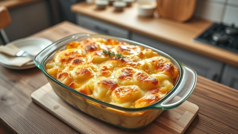 Golden bubbling scalloped potatoes in a casserole dish on a farmhouse table