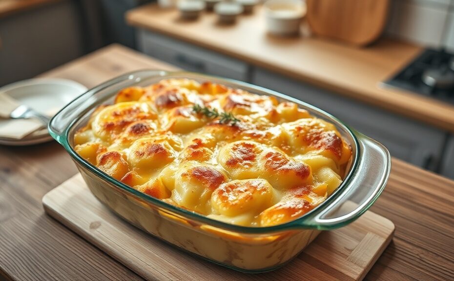 Golden bubbling scalloped potatoes in a casserole dish on a farmhouse table