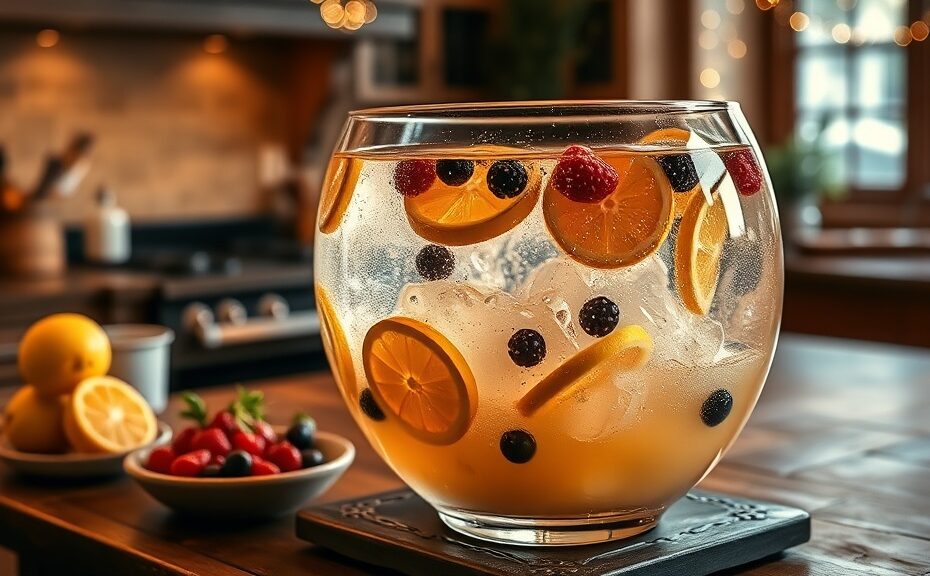 Sparkling champagne punch in a glass bowl