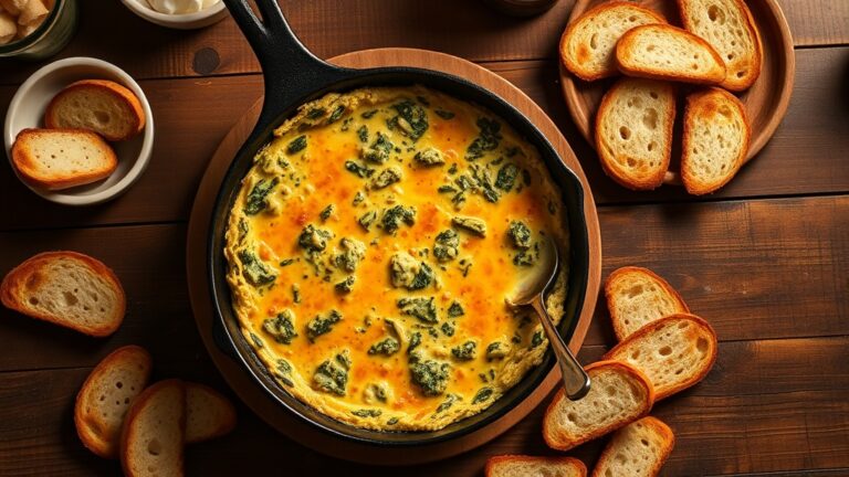 Warm spinach artichoke dip in a cast iron skillet