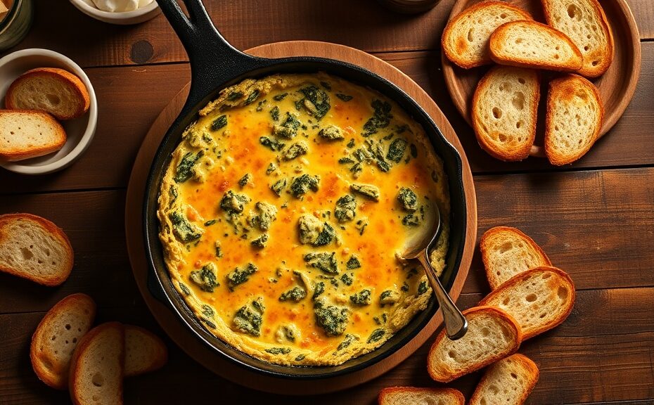 Warm spinach artichoke dip in a cast iron skillet