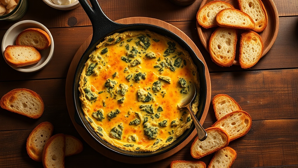 Warm spinach artichoke dip in a cast iron skillet