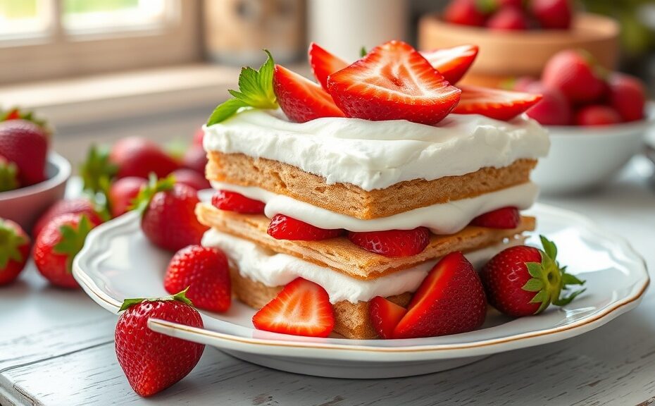 Layered strawberry icebox cake with whipped cream and fresh strawberries