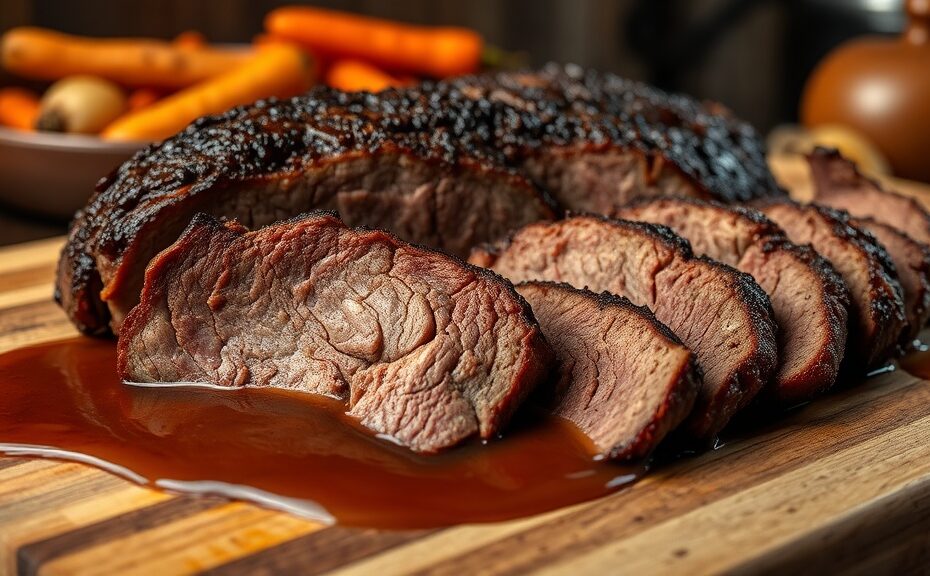 Sliced beef brisket on a wooden cutting board with rich gravy and roasted vegetables